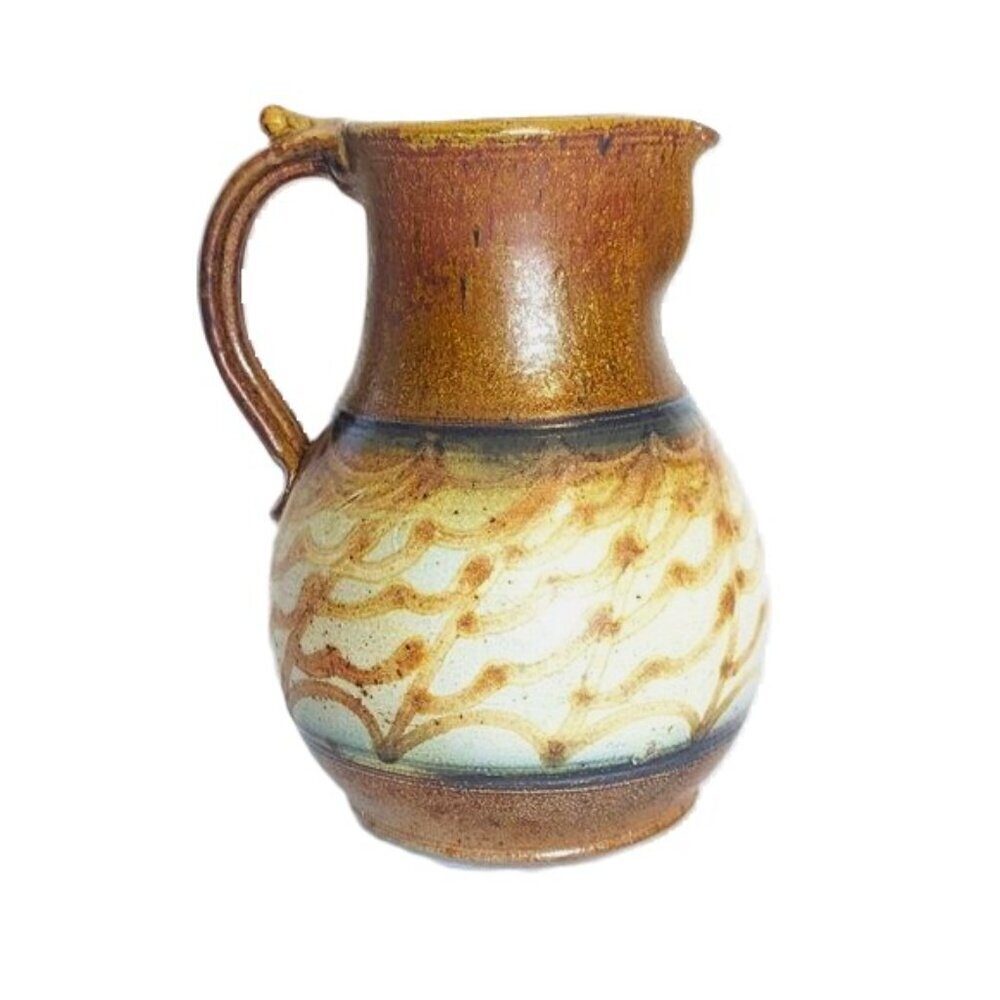 Vintage Pitcher Studio Pottery Ceramic Vase Stoneware Wheel Signed Boho MCM 70’s
